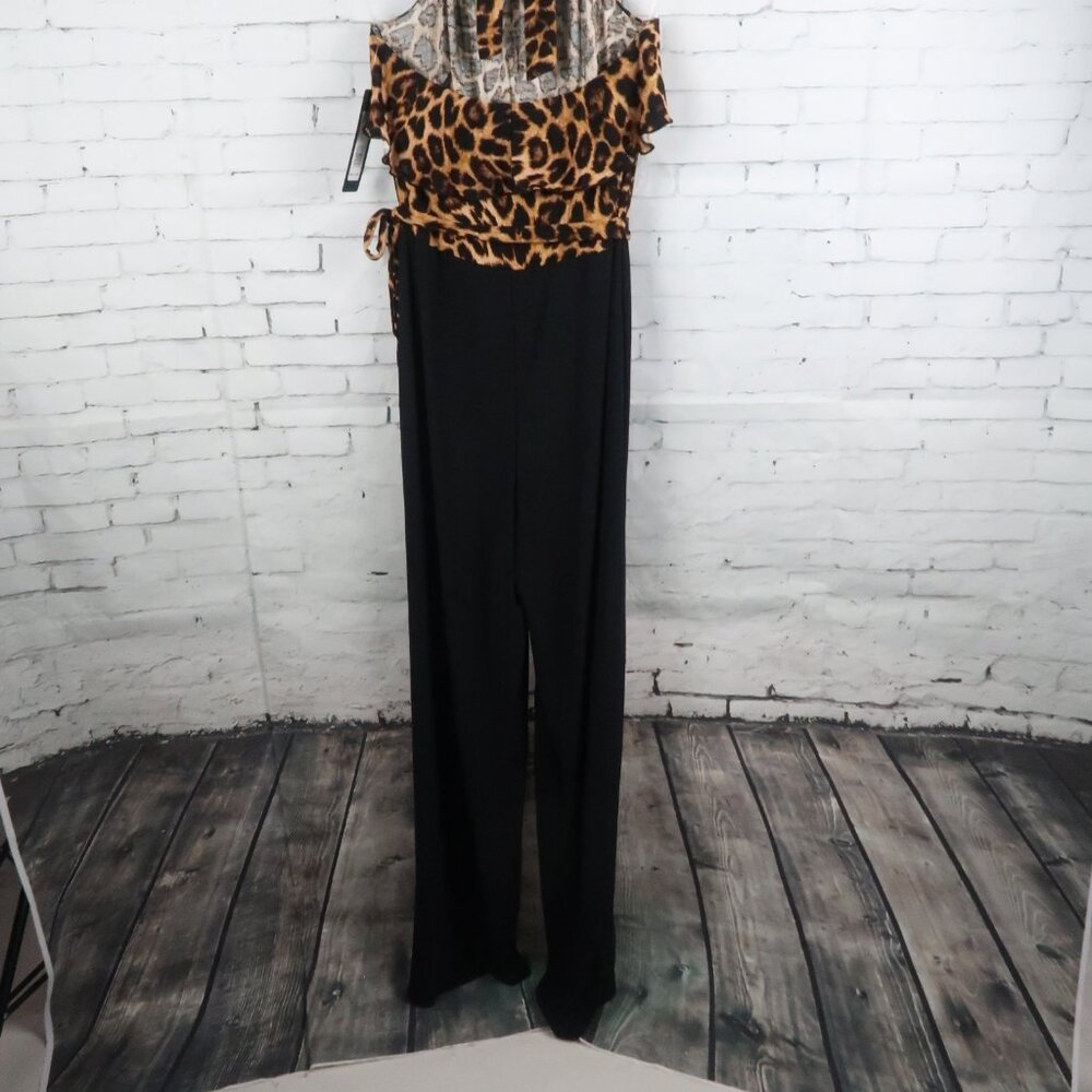 BEBE ANIMAL PRINT HIGH NECK RUFFLE HALTER WIDE LEG JUMPSUIT SIZE 8 NWT - Picture 10 of 10